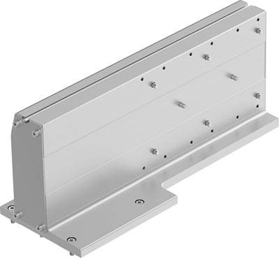 Metallischer Halter mit mehreren Schraubenlöchern, geeignet für industrielle Maschinenmontage. Zeigt stabile Struktur und Befestigungspunkte.