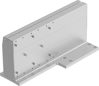 Metallhalterung aus Aluminium mit Schraubenlöchern und einem flachen, rechteckigen Sockel.