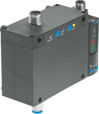 Ein elektrisches Druckregelventil mit digitaler Anzeige, Knöpfen zur manuellen Steuerung und blauen Anschlüssen für Pneumatikschläuche.