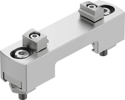 Ein silbernes, rechteckiges Maschinenbauteil mit zwei Schraubverschlüssen oben und Gewinden unten, verwendet zur mechanischen Befestigung.