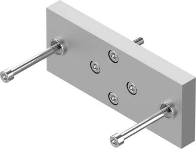 Metallplatte mit zwei herausragenden Schrauben und drei eingebetteten Schrauben, für Befestigungszwecke in technischen Anwendungen.