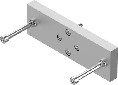 Metallplatte mit zwei langen Schrauben und mehreren kleineren Schrauben, vermutlich Teil eines Befestigungsmechanismus.