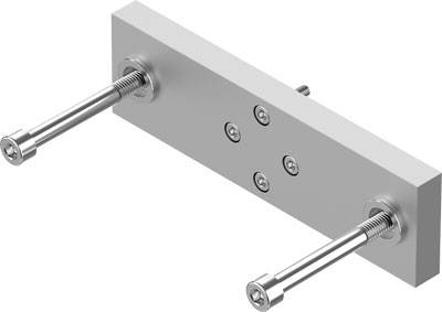 Ein rechteckiges Metallteil mit zwei langen Schrauben auf jeder Seite. Vier kleinere Schrauben sind zentral in der Platte befestigt.