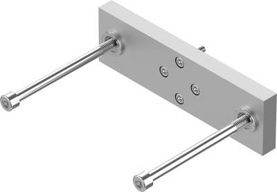 Metallische Halterung mit zwei langen Schrauben an einer rechteckigen Platte, möglicherweise zur Wandmontage oder Befestigung.