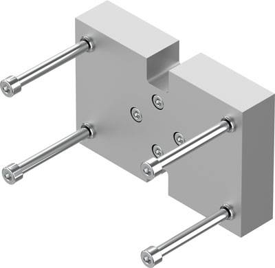 Metallkonstruktion mit vier herausragenden Schrauben an den Ecken; zwei mittige Löcher zur Befestigung an einer Oberfläche.