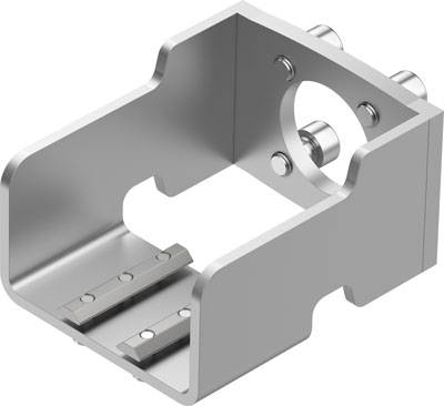 Metallhalterung mit rechteckiger Form, seitlichen Befestigungslöchern und einer runden Aussparung oben. Verwendet für technische Anwendungen.