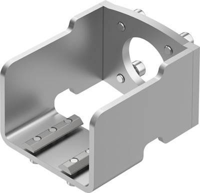 Metallhalterung, rechteckig, mit geschlossenen Seiten und mehreren Bohrungen; dient zur Befestigung technischer Bauteile.