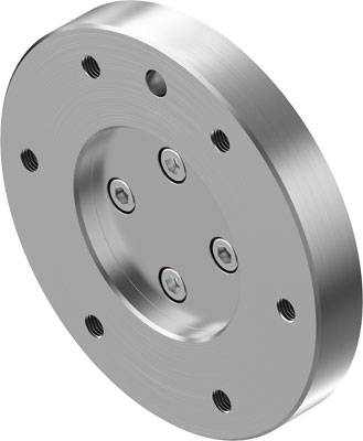 Runde Metallscheibe mit mehreren Bohrungen und Schrauben, die gleichmäßig um die Mitte verteilt sind.