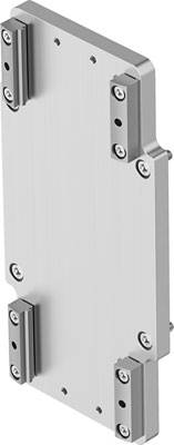 Rechteckige Metallplatte mit vier angeschraubten Winkeln an den Ecken.