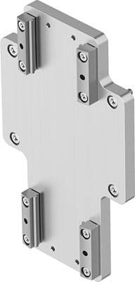 Metallplatte mit mehreren Befestigungspunkten und Klemmen, möglicherweise Teil einer Montage- oder Haltevorrichtung.