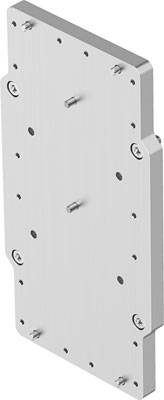 Metallische Montageplatte mit mehreren Schraubenlöchern auf weißem Hintergrund. Verwendet für industrielle Befestigungsanwendungen.