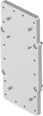 Metallplatte mit mehreren Schraubenlöchern und hervorstehenden Bolzen. Sie scheint für mechanische oder technische Anwendungen gedacht zu sein.