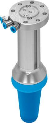 Industriegerät mit einem zylinderförmigen Metallkörper und blauen Anschlüssen, möglicherweise für technische Anwendungen.