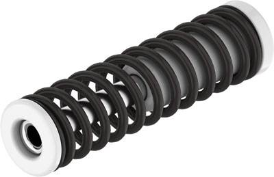 Eine schwarze Metallfeder mit weißen Endkappen.