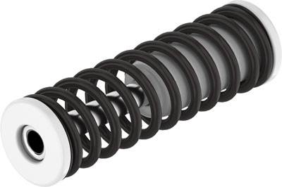 Eine schwarze Spiralfeder mit weißen Enden, möglicherweise Teil eines mechanischen Geräts oder Fahrzeugs.