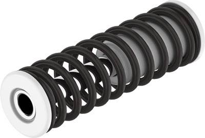 Abgebildet ist eine schwarze Spiralfeder mit weißen Enden, die für mechanische Stoßdämpfung verwendet wird.