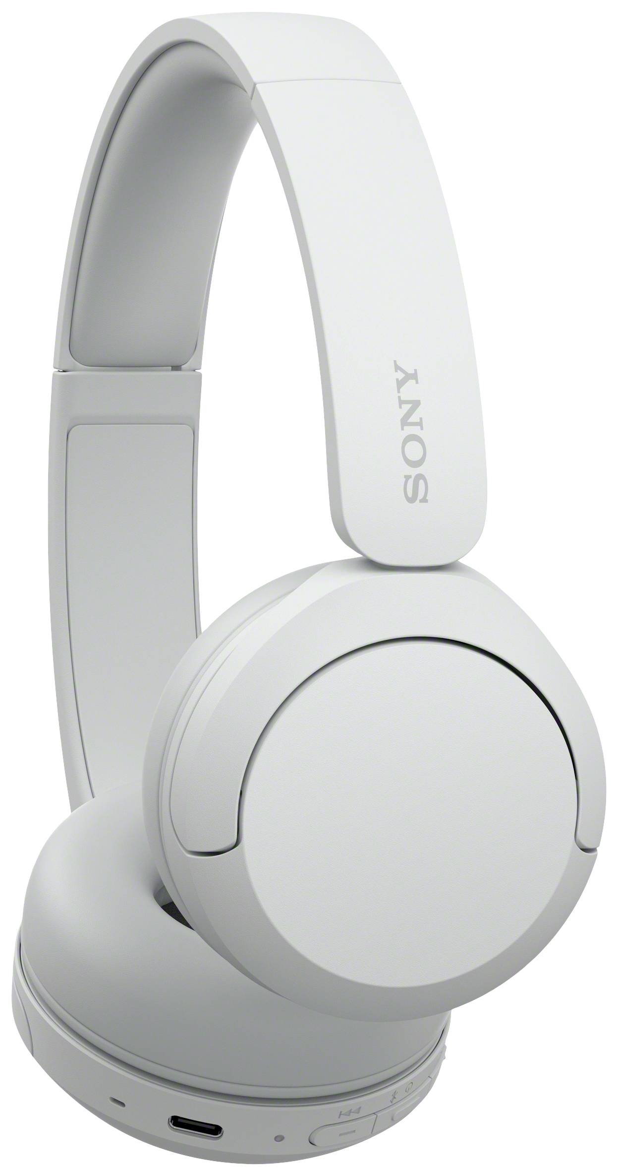 Weiße drahtlose Over-Ear-Kopfhörer mit elegantem Design. Links 'SONY'-Logo am Bügel sichtbar. USB-Anschluss am Ohrmuschelrand.