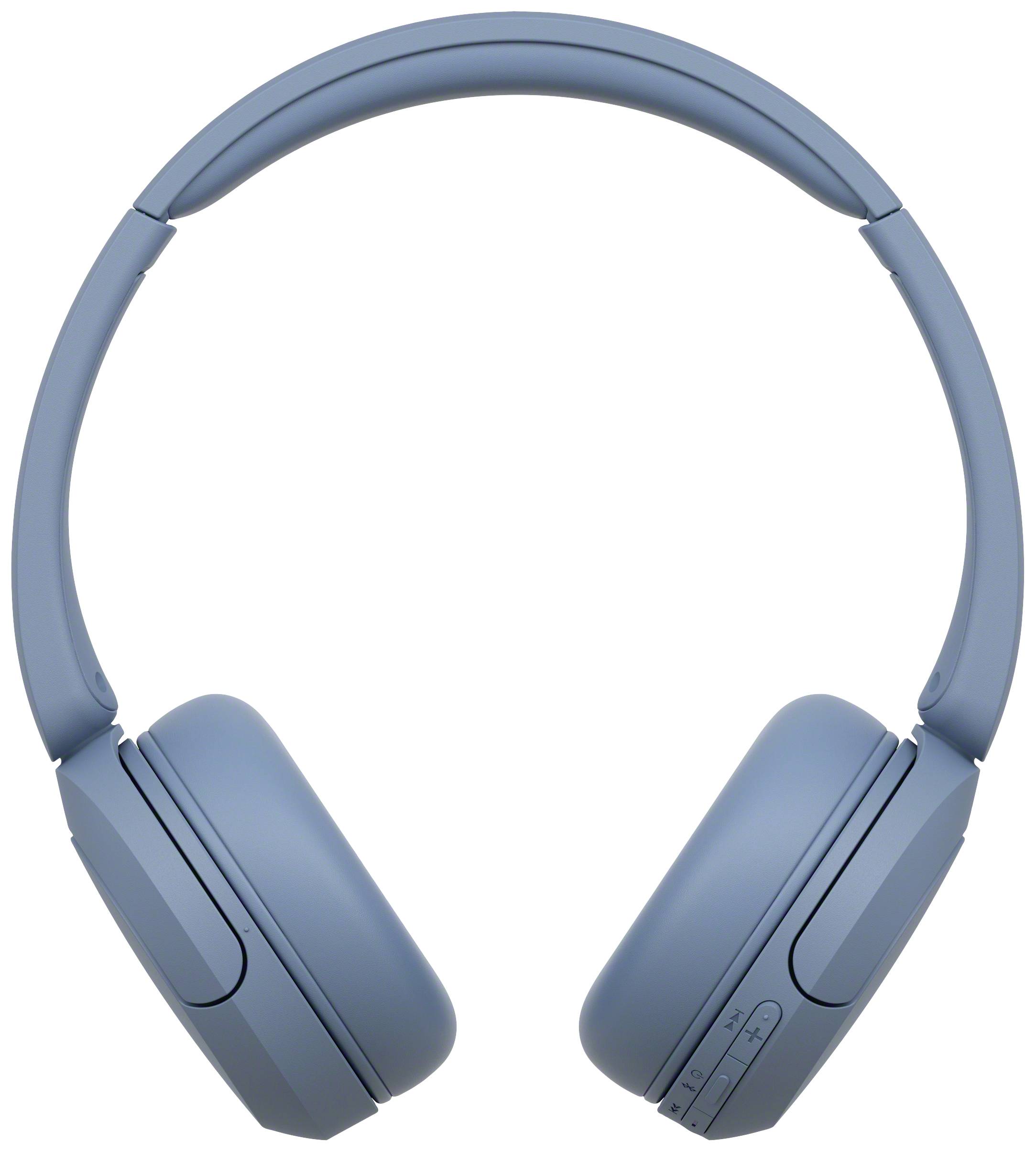 Blaue drahtlose Over-Ear-Kopfhörer, Vorderansicht, mit Bedientasten an der Ohrmuschel.