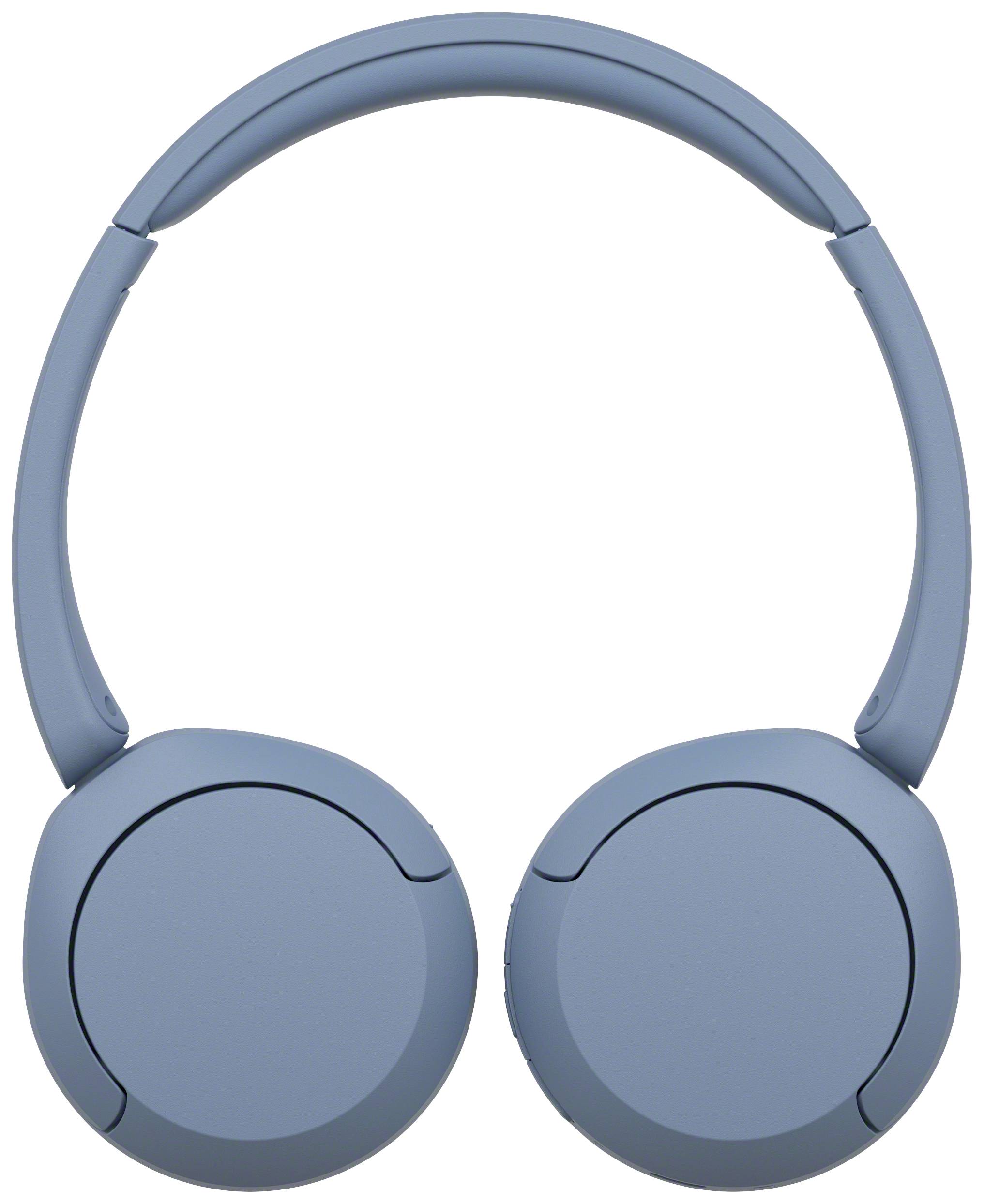 Blaue kabellose Kopfhörer mit ovalen Ohrmuscheln, aufrecht stehend, auf weißem Hintergrund.