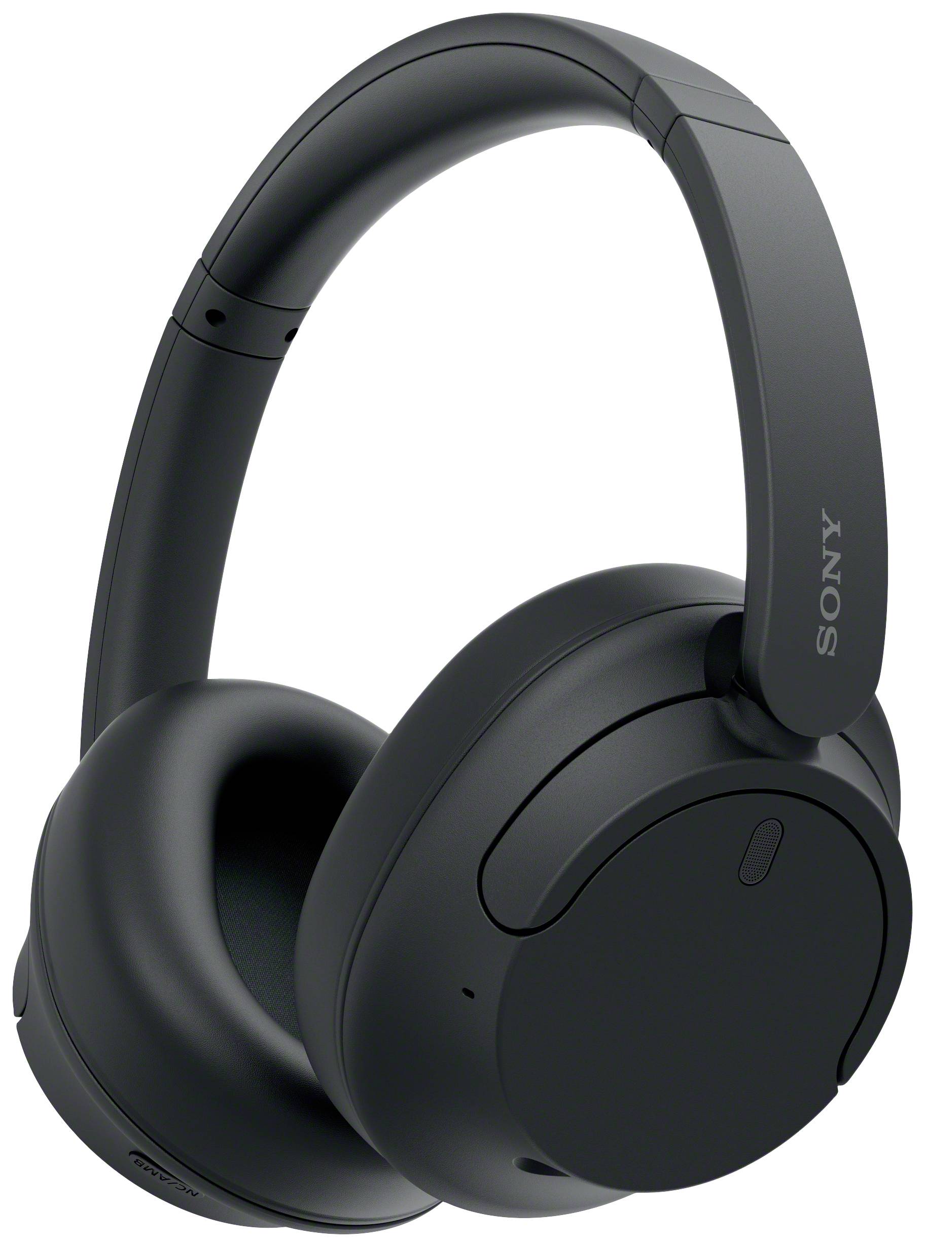 Schwarze kabellose Over-Ear-Kopfhörer, elegante Bauweise, weiche Polsterung. Sie bieten aktives Noise-Cancelling für besseres Hörerlebnis.