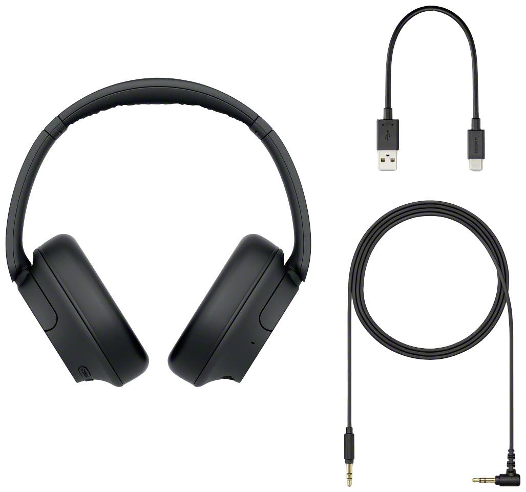 Schwarze, kabellose Kopfhörer mit abnehmbaren Audiokabel und USB-Ladekabel.