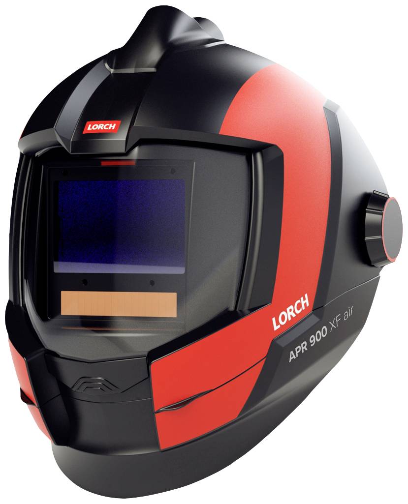 Schweißhelm der Marke LORCH, Modell 'APR 900 XF air', mit schwarzem und rotem Design sowie großem Sichtfenster.