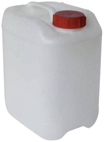 Ein weißer Plastikkanister mit rotem Schraubverschluss, vorwiegend verwendet zum Transport oder zur Lagerung von Flüssigkeiten.