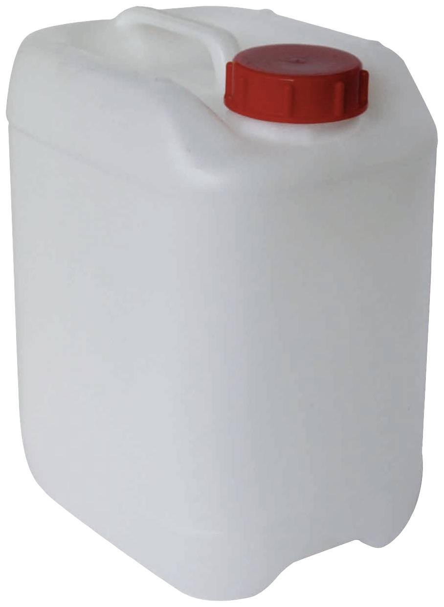 Ein weißer Plastikkanister mit einem roten Deckel, möglicherweise für Flüssigkeiten oder Chemikalien genutzt.