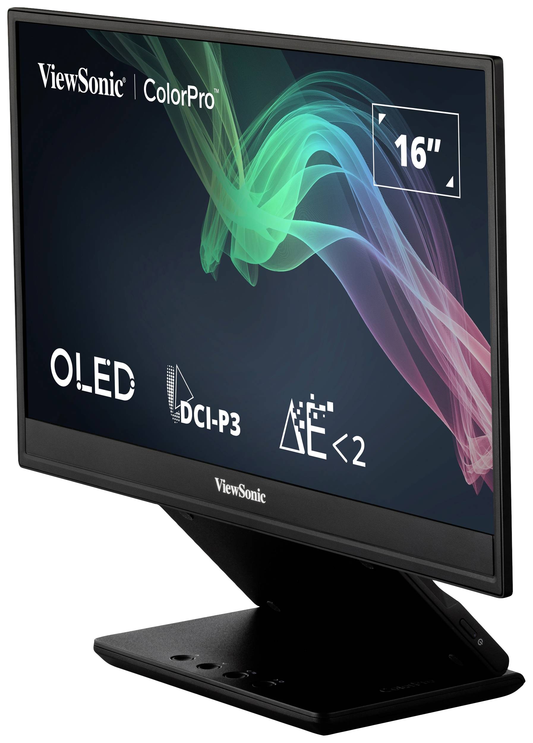 ViewSonic ColorPro 16-Zoll-OLED-Monitor, zeigt farbenfrohe Wirbelgrafik. Unterstützt DCI-P3 und verfügt über ein energiesparendes Design.
