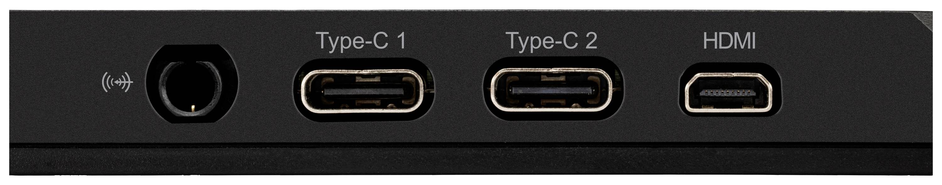Eine schwarze Anschlussleiste mit vier Anschlüssen: Strom, zwei USB Type-C (mit 'Type-C 1' und 'Type-C 2' beschriftet) und ein HDMI-Anschluss.