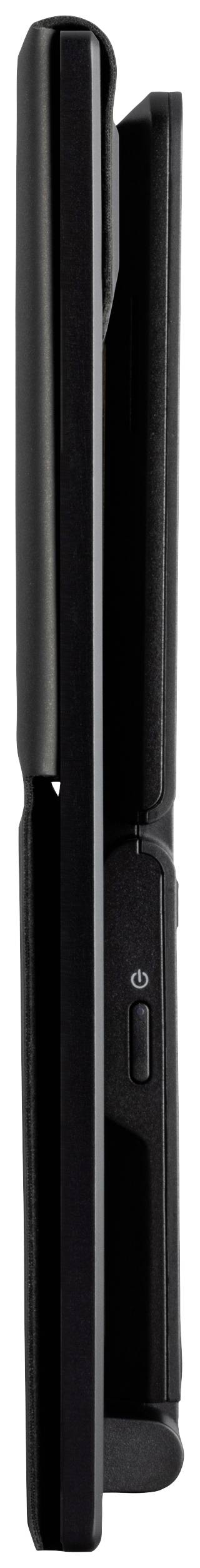 Ein schwarzer, zusammengeklappter Haarglätter steht senkrecht mit einem sichtbaren Ein-/Ausschalter an der Seite.