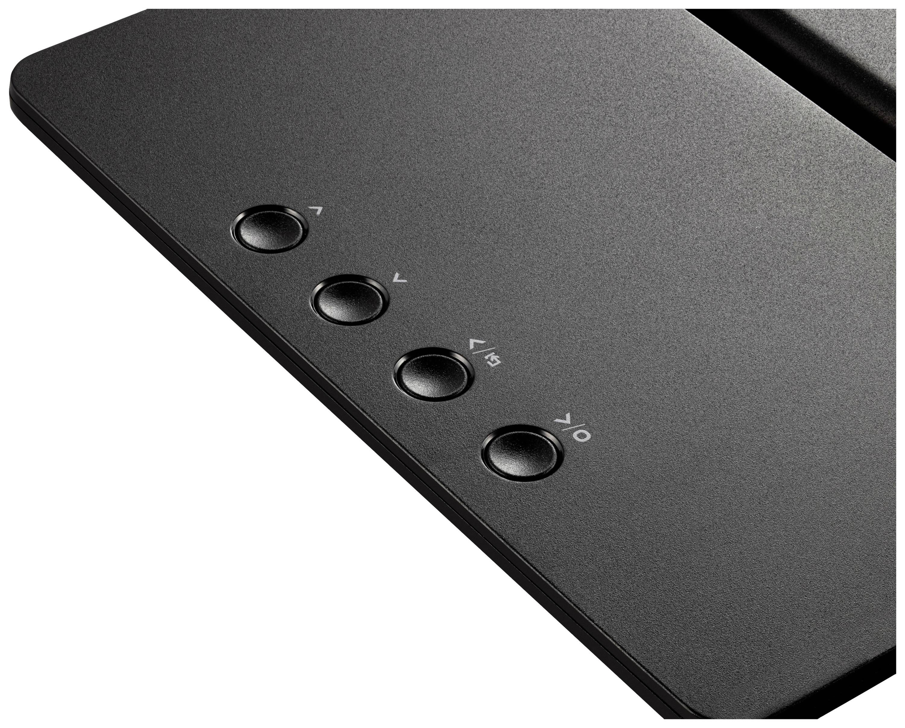 Eine schwarze Schaltfläche mit vier runden Knöpfen, die mit Pfeilsymbolen nach oben und unten sowie mit '2.1' und '1.9' beschriftet sind.