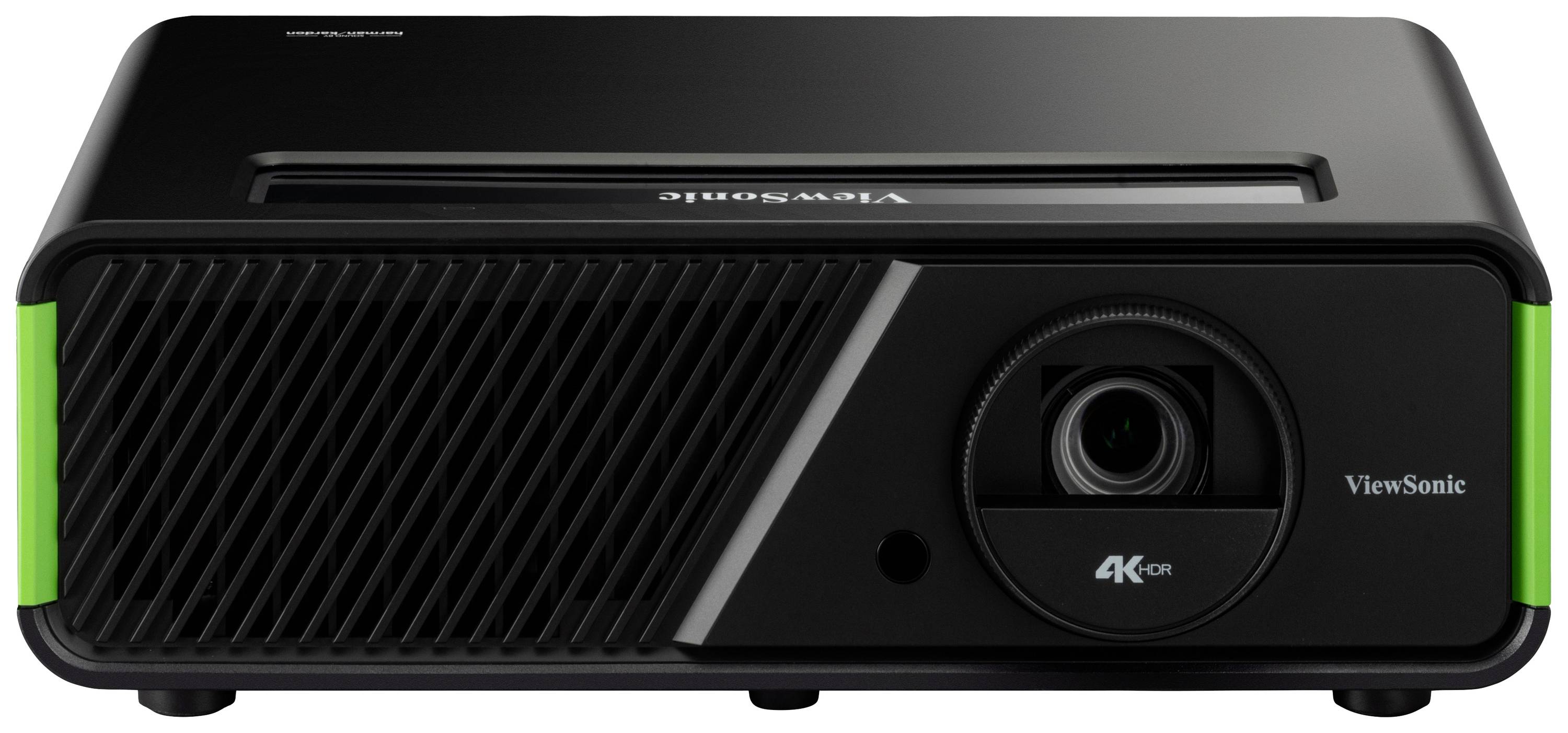 Ein schwarzer ViewSonic 4K-Projektor mit grünen Akzenten, Lüftungsschlitzen und Frontlinse. Geeignet für hochauflösende Präsentationen.