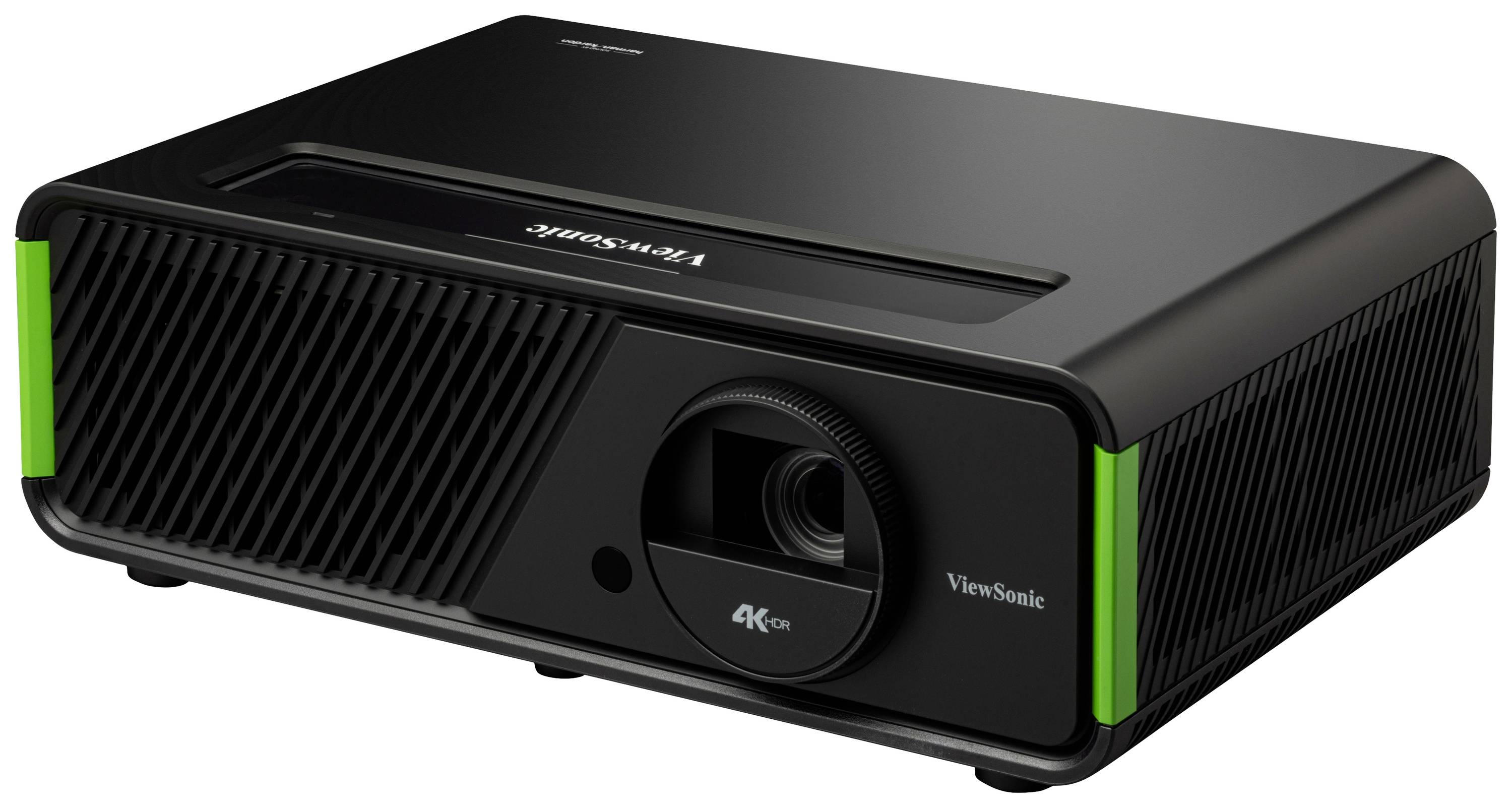 Ein schwarzer 4K-Projektor der Marke ViewSonic auf weißem Hintergrund, Vorderansicht mit sichtbarer Linse.