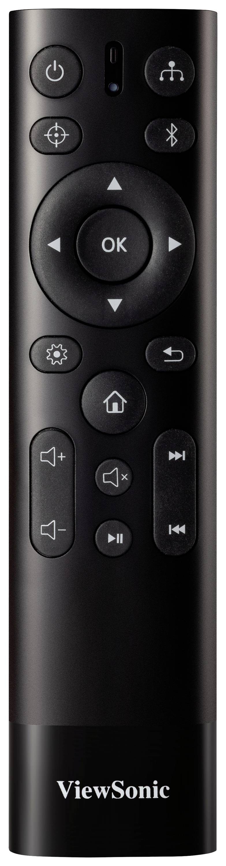 Schwarze Fernbedienung mit Tasten für Lautstärke, Wiedergabe und Navigation. Aufschrift unten: 'ViewSonic'.