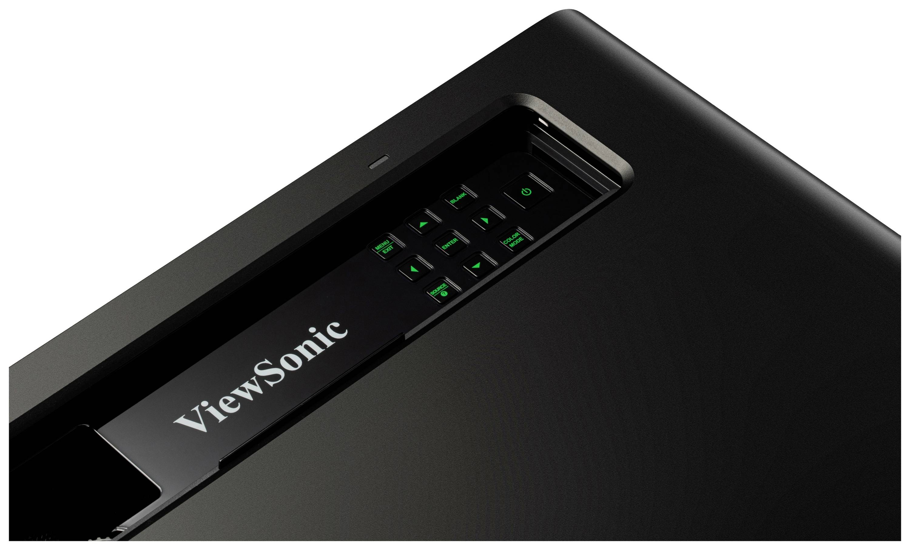 Schwarzer Projektor von ViewSonic mit beleuchteten grünen Tasten und Markenschriftzug. Obere Frontansicht.