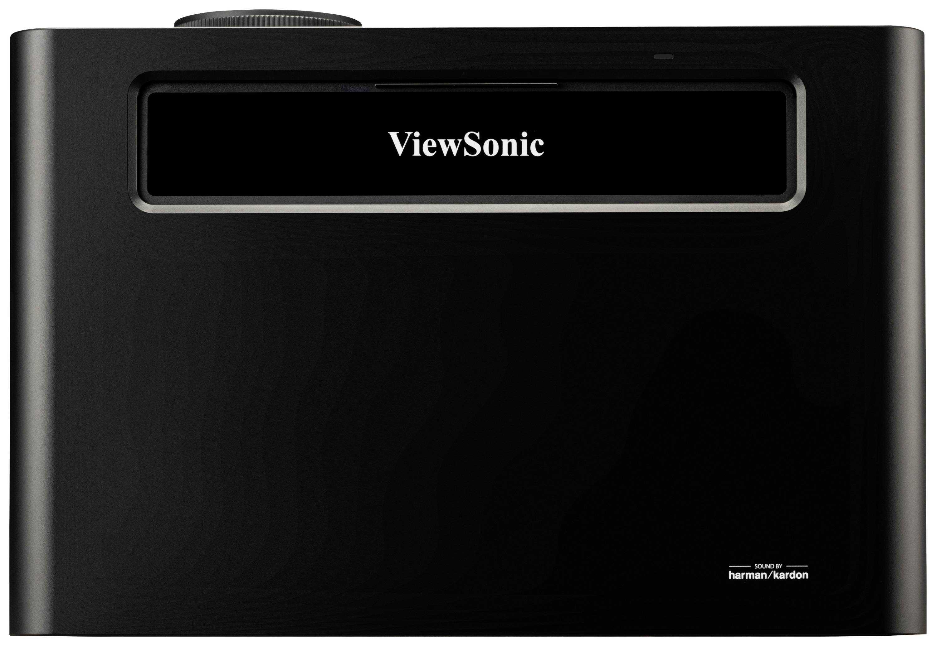 'ViewSonic'-Logo auf der Vorderseite eines schwarzen, rechteckigen Geräts, möglicherweise ein Projektor, mit abgerundeten Ecken.