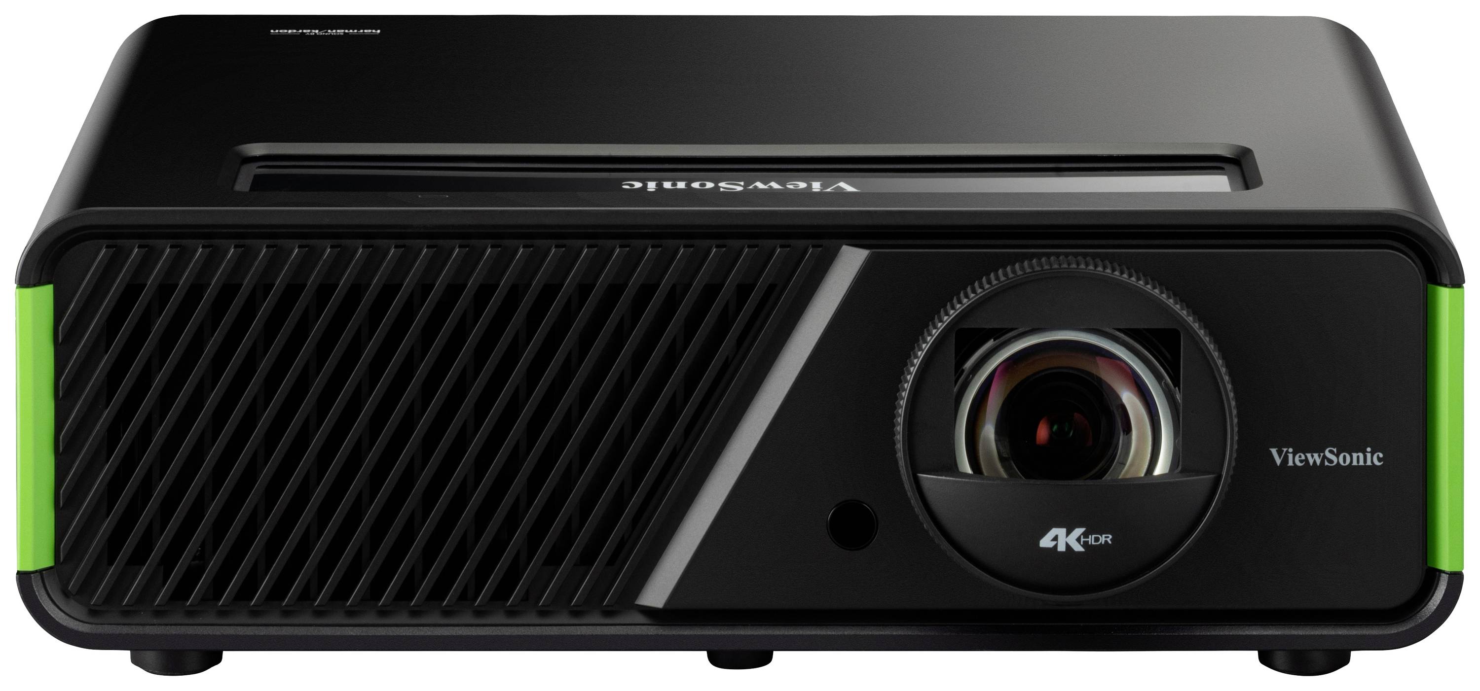 Schwarzer ViewSonic-Projektor mit 4K-UHD-Auflösung, Lüftungsschlitze links und großer Linse rechts auf der Vorderseite.