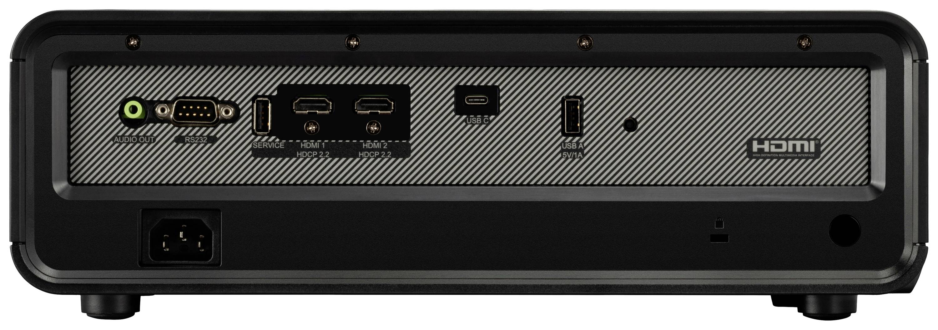 Rückansicht eines elektronischen Geräts mit verschiedenen Anschlüssen, einschließlich HDMI-, USB-C- und Audioanschlüssen.