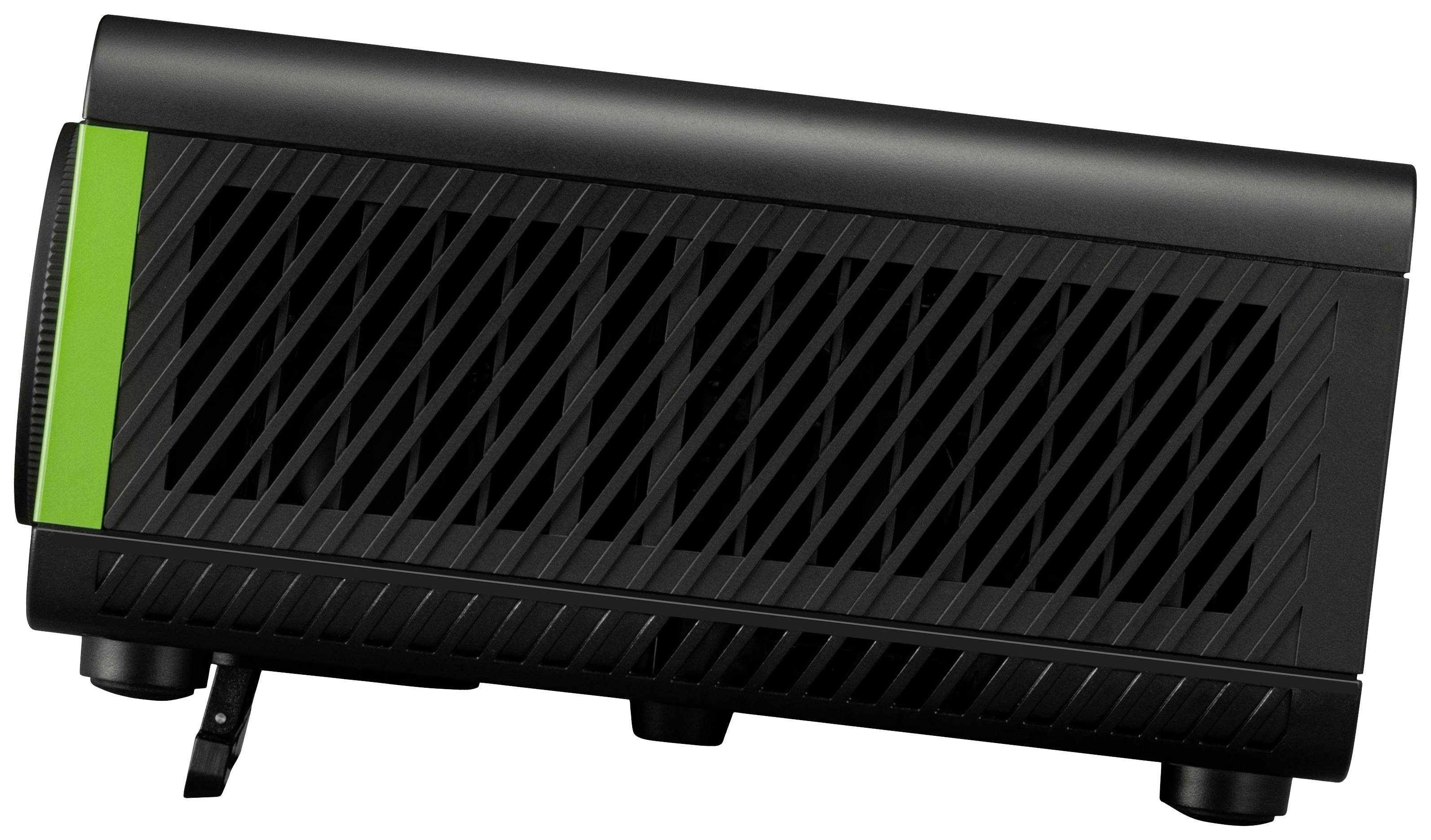 Schwarzer Lautsprecher mit grünem Streifen, seitlich liegend.