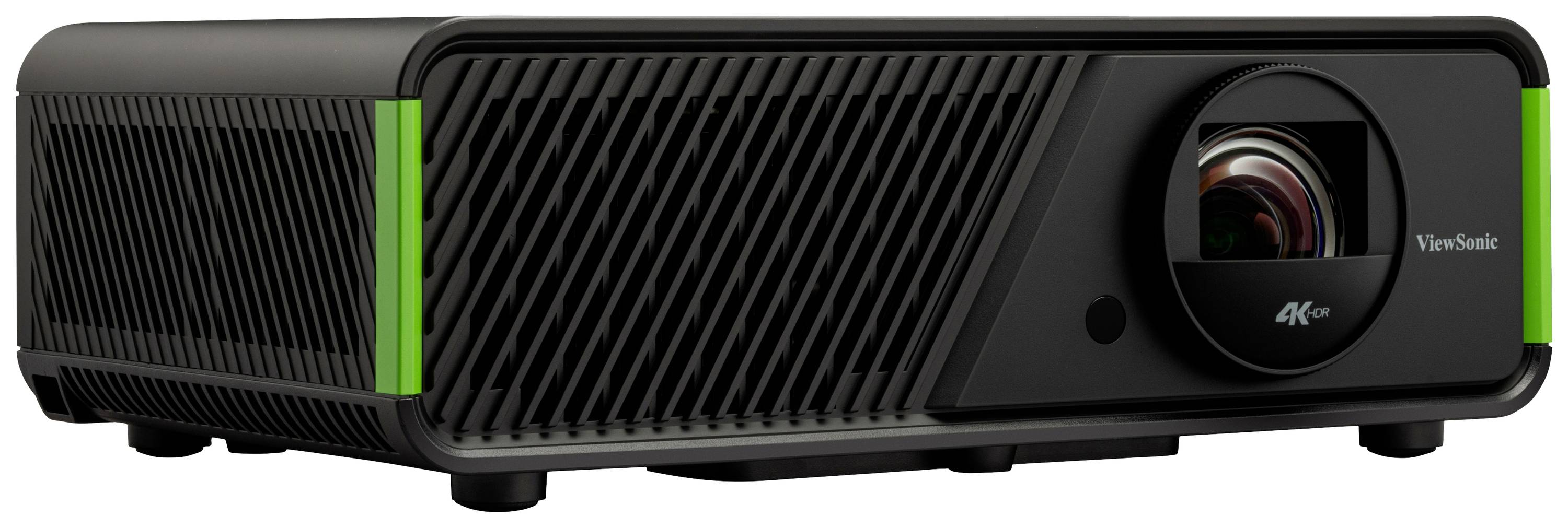 Ein schwarzer 4K-Projektor mit grünen Akzenten, schräggestellt. Ein großes Objektiv und 'ViewSonic 4K+' sind auf der Vorderseite erkennbar.