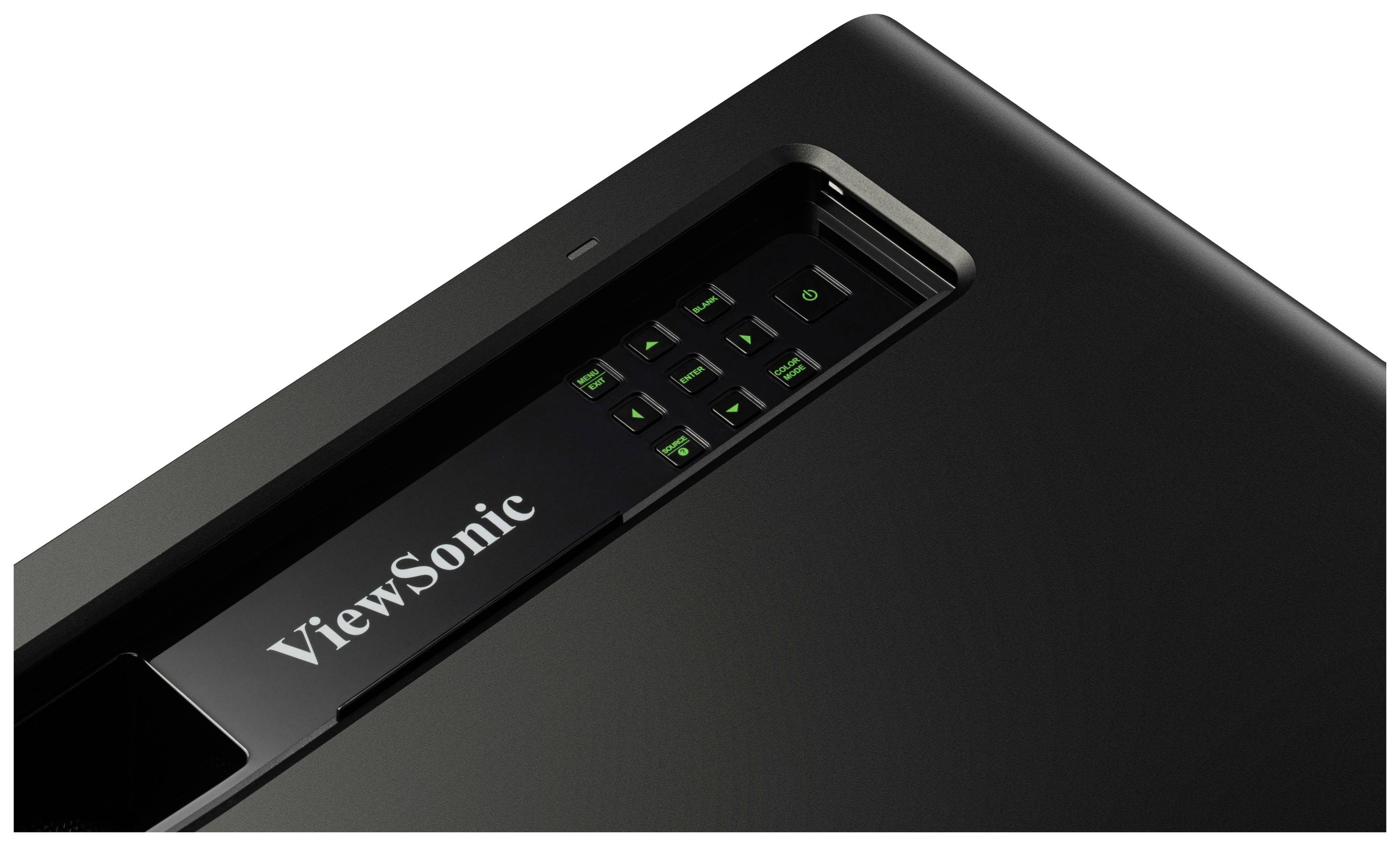 Ein schwarzer Monitor mit dem Markennamen 'ViewSonic' und grünen Tasten an der Seite zur Steuerung der Helligkeit und des Kontrasts.
