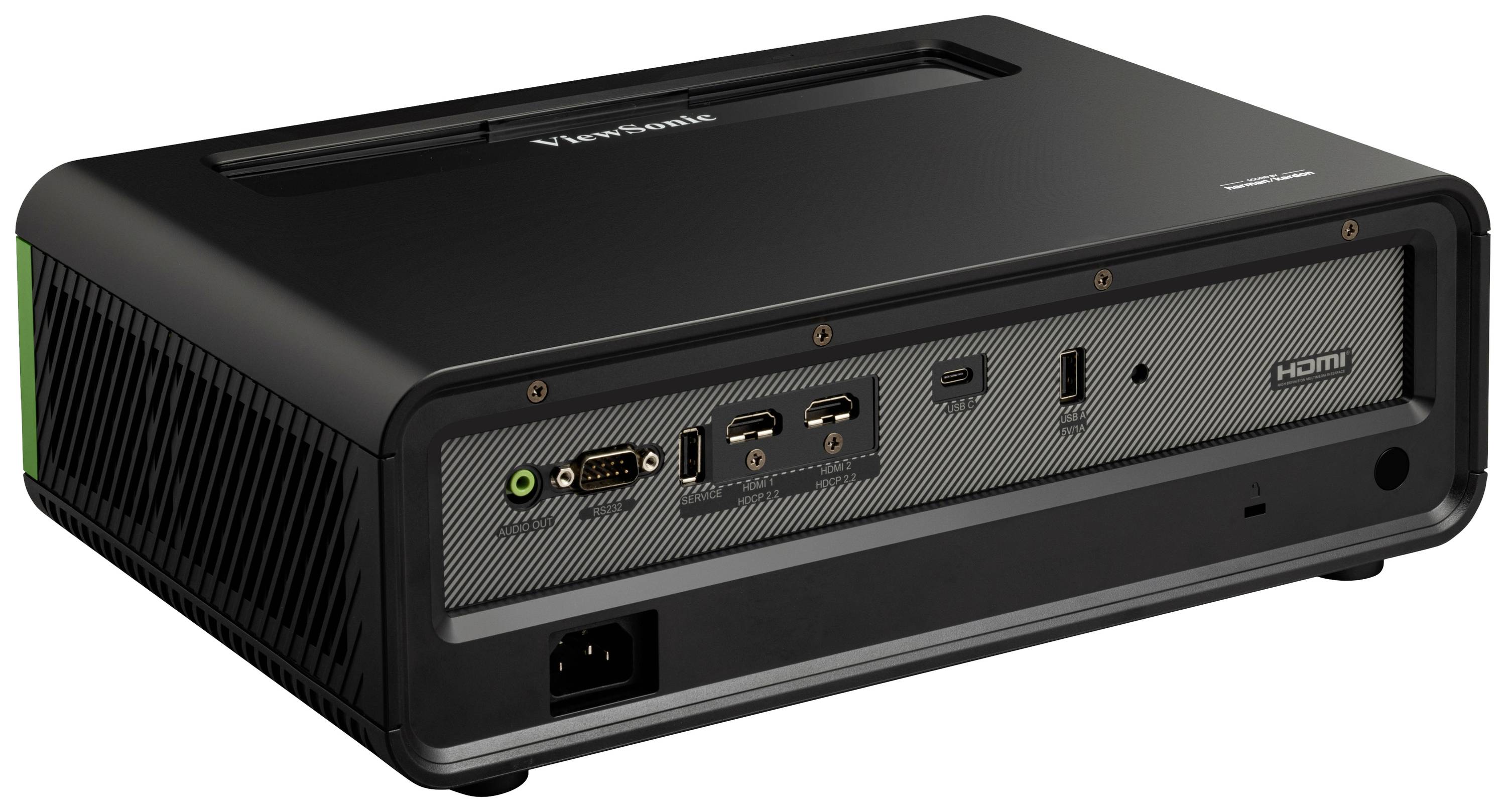 Rückseite eines schwarzen Multimedia-Projektors mit verschiedenen Anschlussmöglichkeiten, einschließlich HDMI, USB und Audio.
