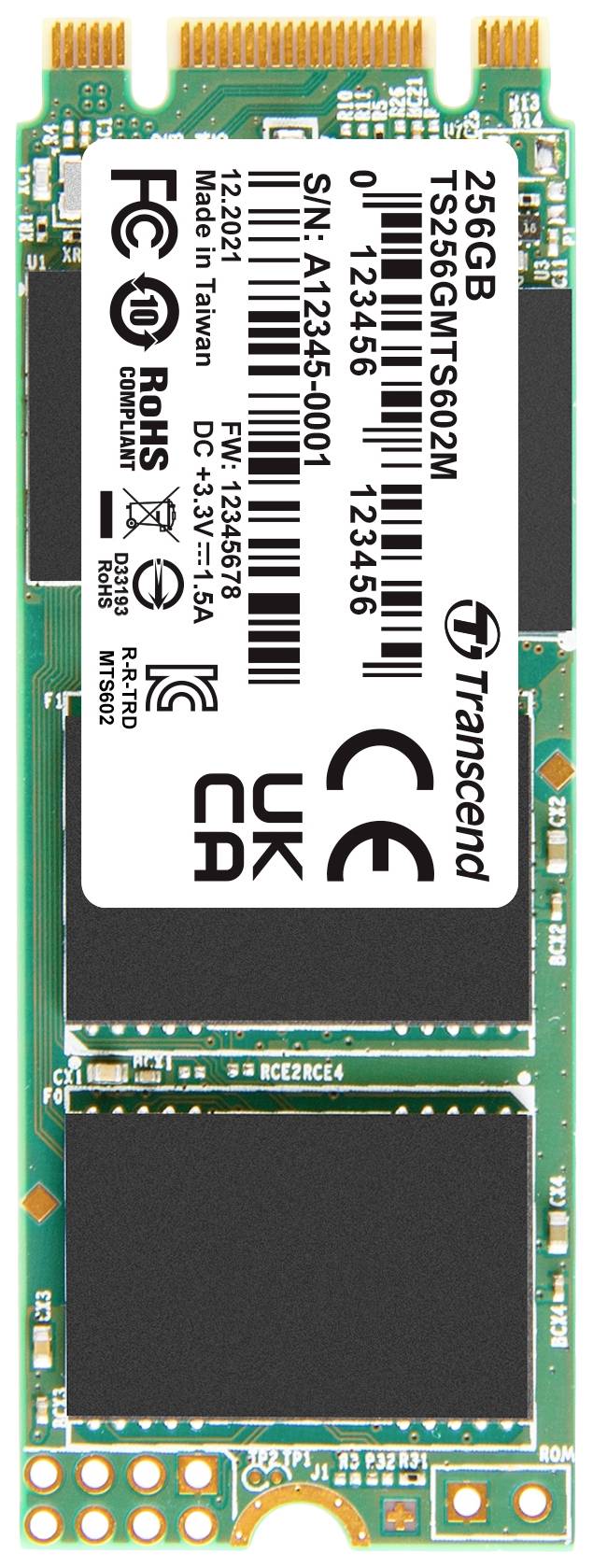 'Transcend 256GB M.2 SSD' mit Seriennummer und Modellnummern auf der Oberseite; hochwertige Speicherlösung für Computer.