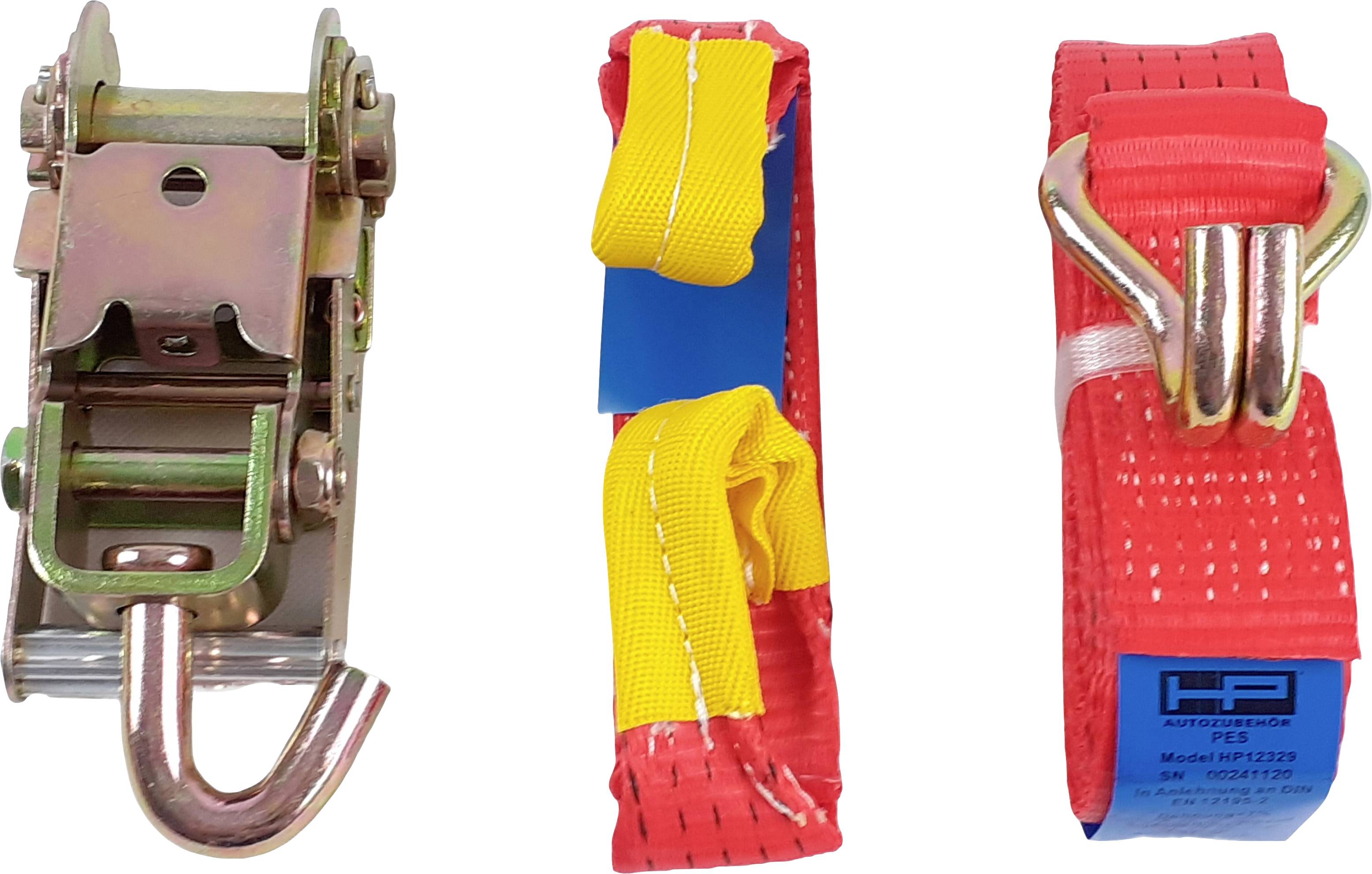Ein roter Spannriemen mit Metallhaken und Ratsche, geeignet zur Sicherung von Lasten. Der Riemen ist gelb und blau abgesetzt.