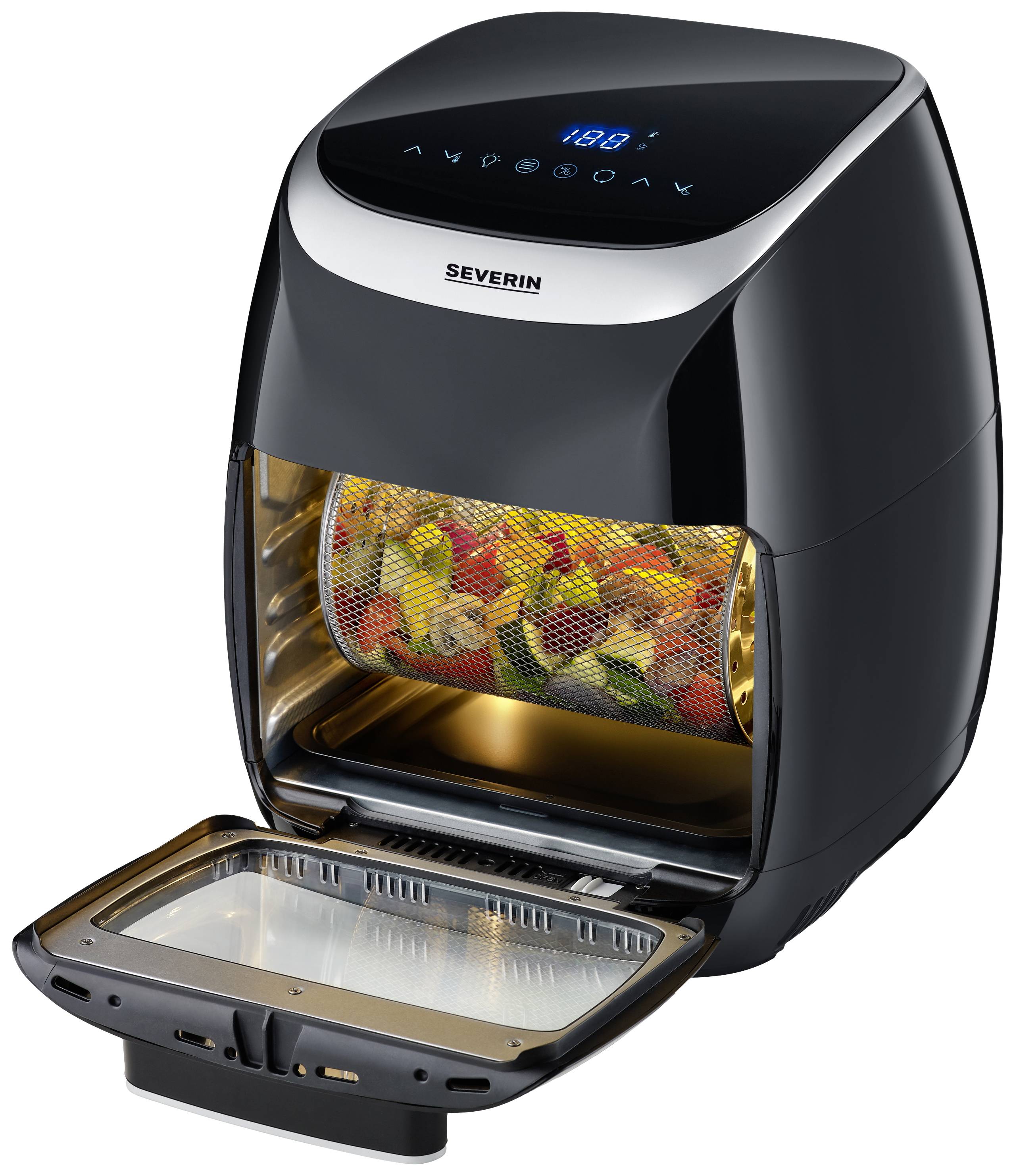 Ein schwarzer Heißluftofen mit offenem Türdeckel, zeigt einen Korb voller gemischtem Gemüse, bereit zum Garen.