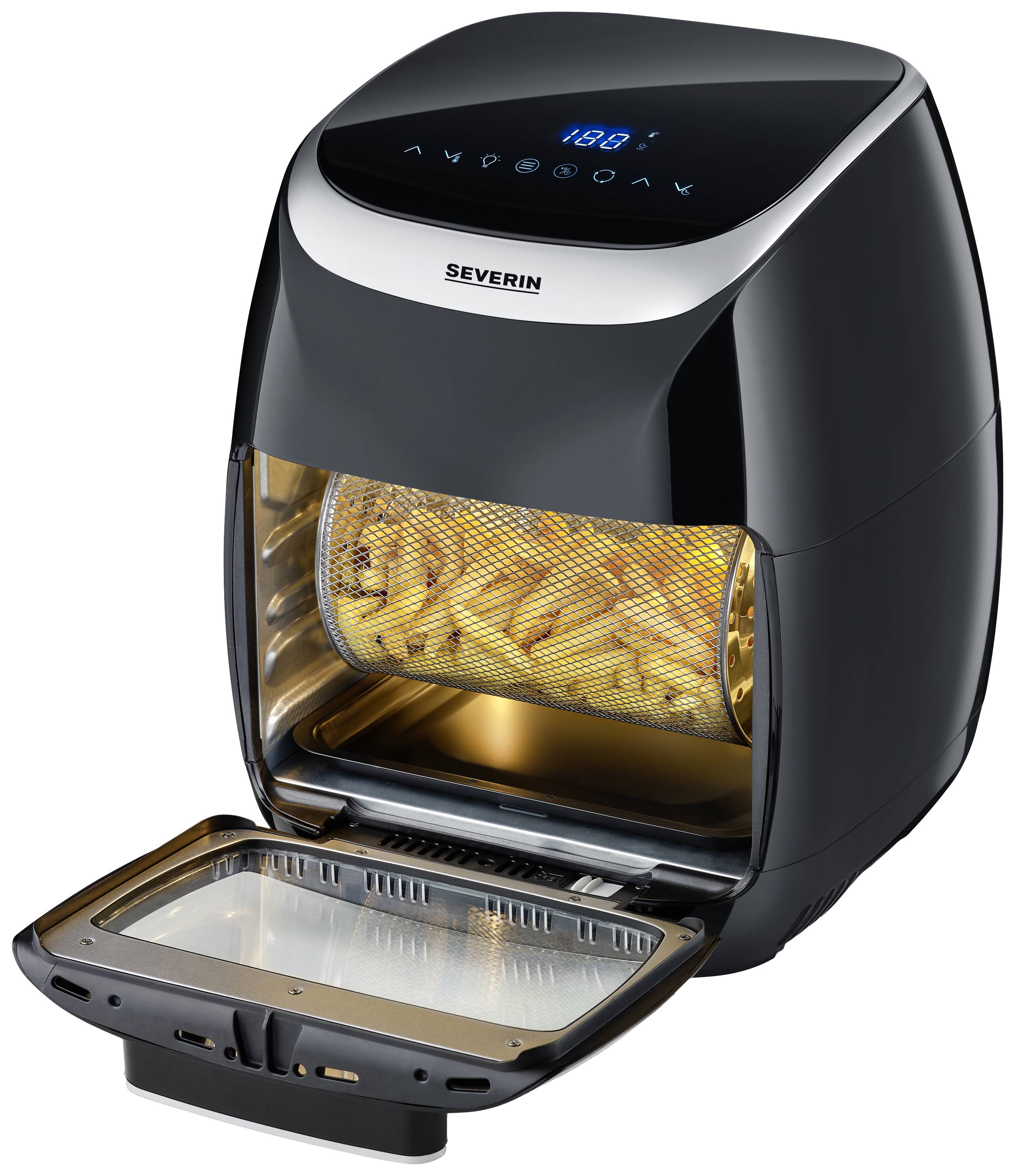 Eine schwarze Heißluftfritteuse mit digitalem Display, die Pommes frites im Inneren zeigt. Die Tür ist geöffnet.