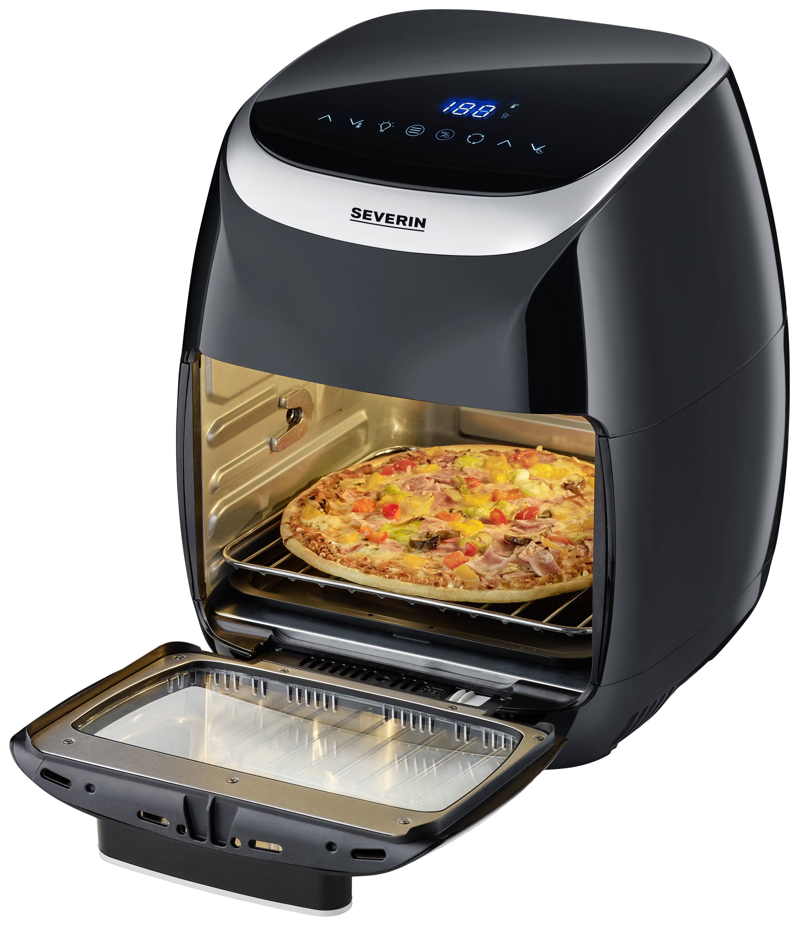 Ein schwarzer Ofen mit geöffneter Tür zeigt eine gebackene Pizza mit Paprika, Tomaten und Schinken auf dem Rost. Ein Display oben zeigt die Temperatur.