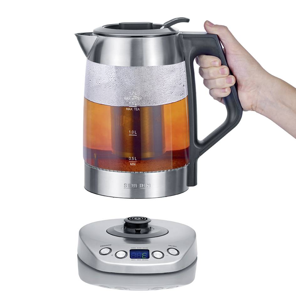 Severin WK 3479 Wasserkocher schnurlos, Überhitzungsschutz Glas, Edelstahl (gebürstet), Schwarz Fassungsvermögen: 1.7 l