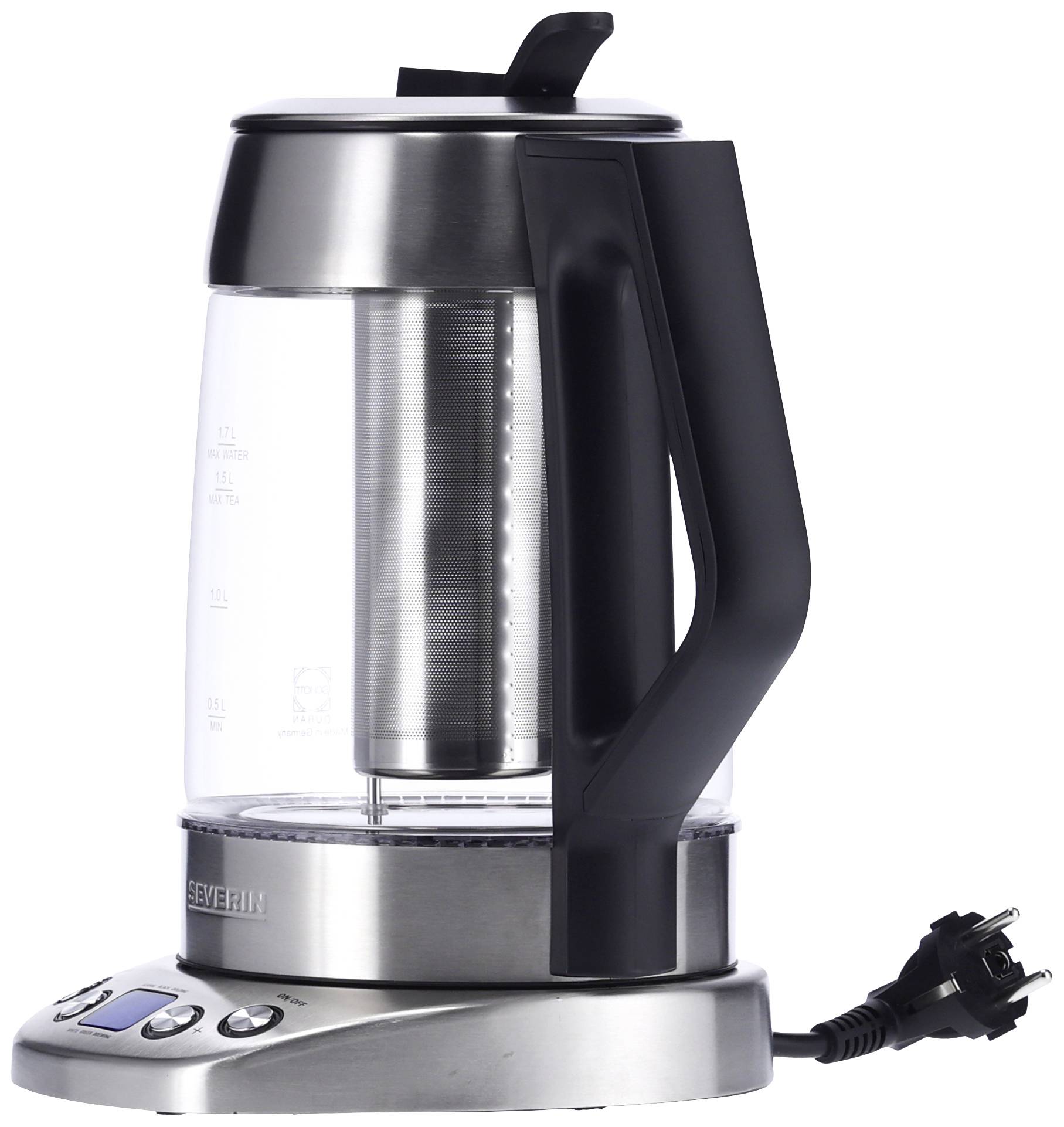 Severin WK 3479 Wasserkocher schnurlos, Überhitzungsschutz Glas, Edelstahl (gebürstet), Schwarz Fassungsvermögen: 1.7 l